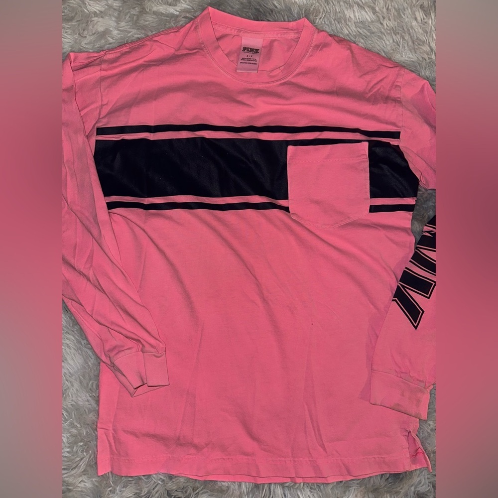 PINK Victoria's Secret Hot Pink Long Sleeve Tee with Navy Stripes and Pocket - S
